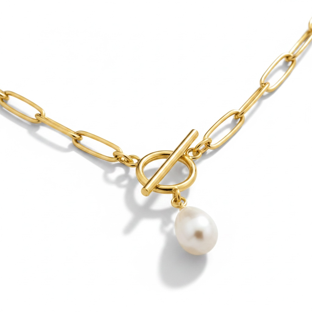 Audrey gold toggle necklace with pearl pendant and paperclip chain