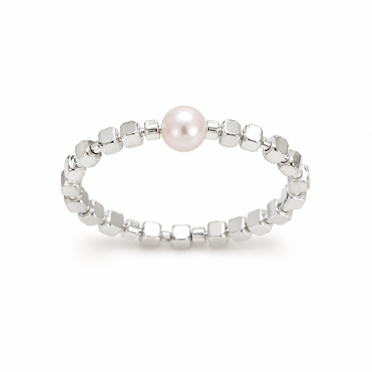 Joanna silver beaded ring with single pearl detail