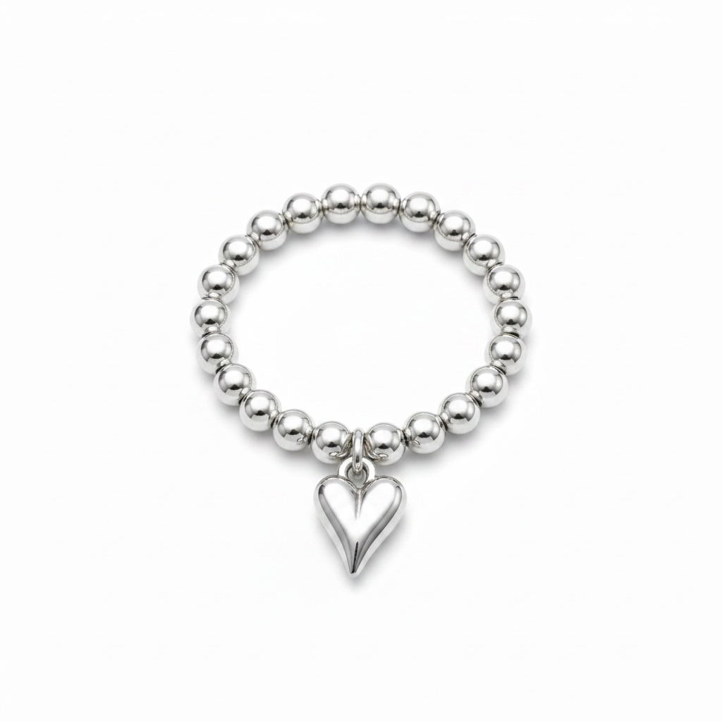 Anna silver beaded ring with heart charm