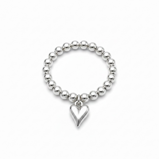 Anna silver beaded ring with heart charm