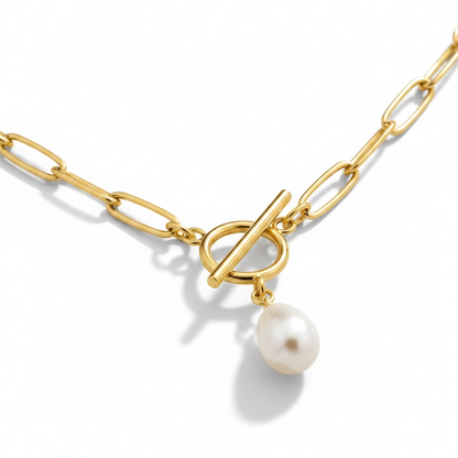 Audrey gold toggle necklace with pearl pendant and paperclip chain