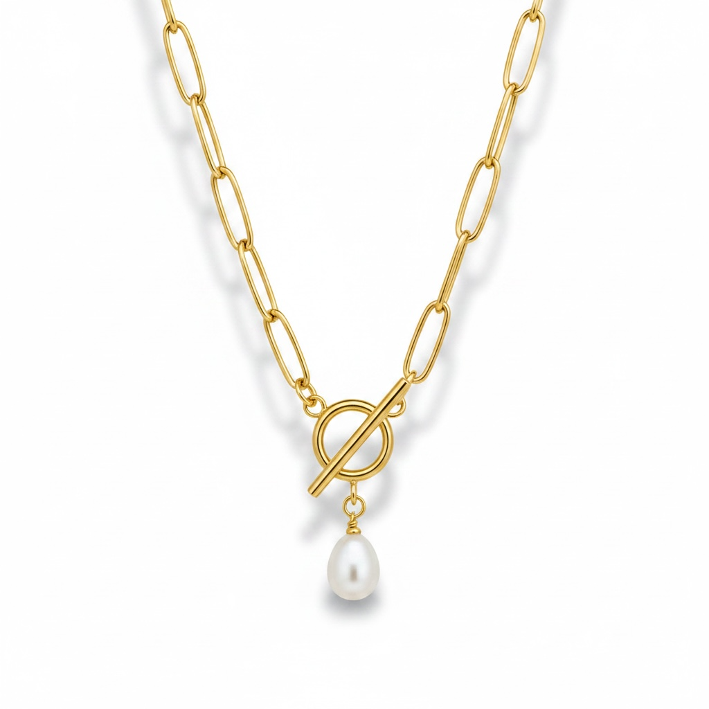 Audrey gold paperclip chain toggle necklace with pearl drop