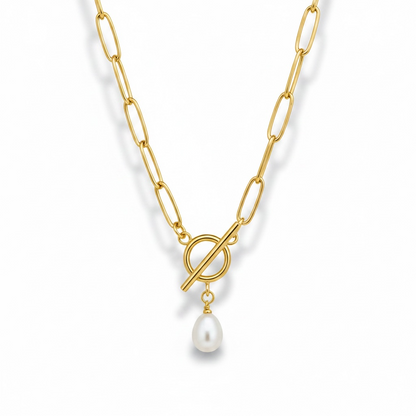 Audrey gold paperclip chain toggle necklace with pearl drop