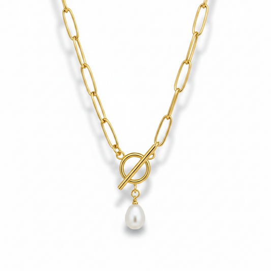 Audrey gold paperclip chain toggle necklace with pearl drop