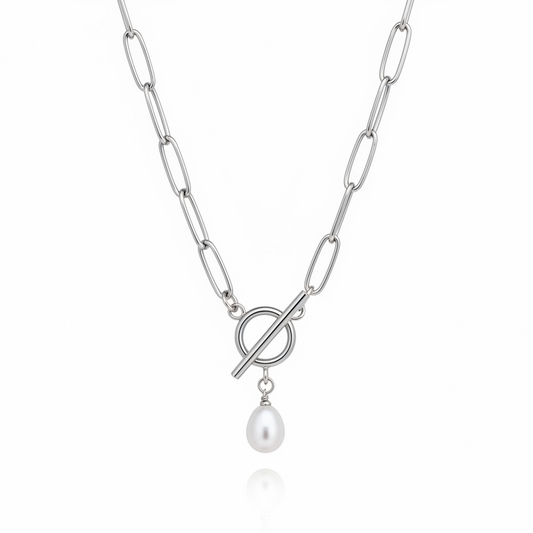 Audrey silver paperclip chain toggle necklace with pearl drop