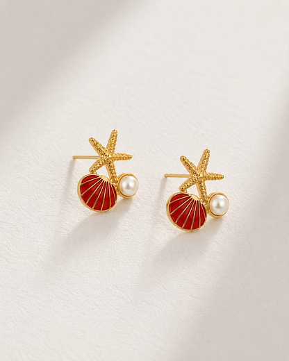 Capri Club gold starfish earrings with red shell and pearl detail