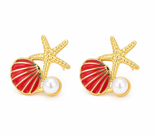 Capri Club gold earrings with red shell, starfish and pearl detail
