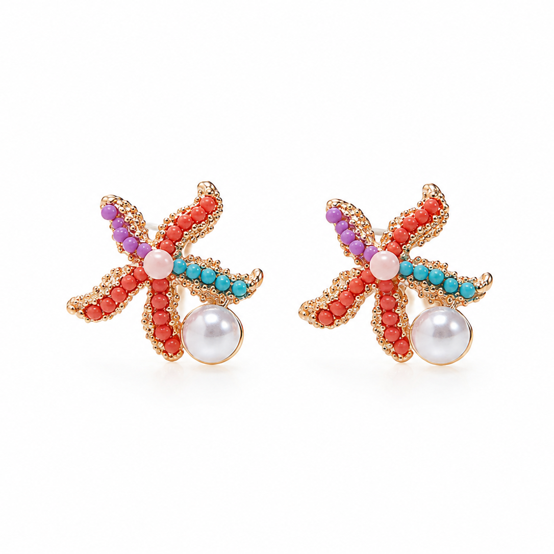 Coral Crush colourful gold starfish stud earrings with pearl detail