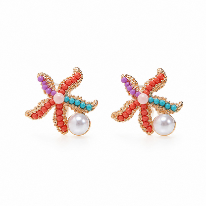 Coral Crush colourful gold starfish stud earrings with pearl detail