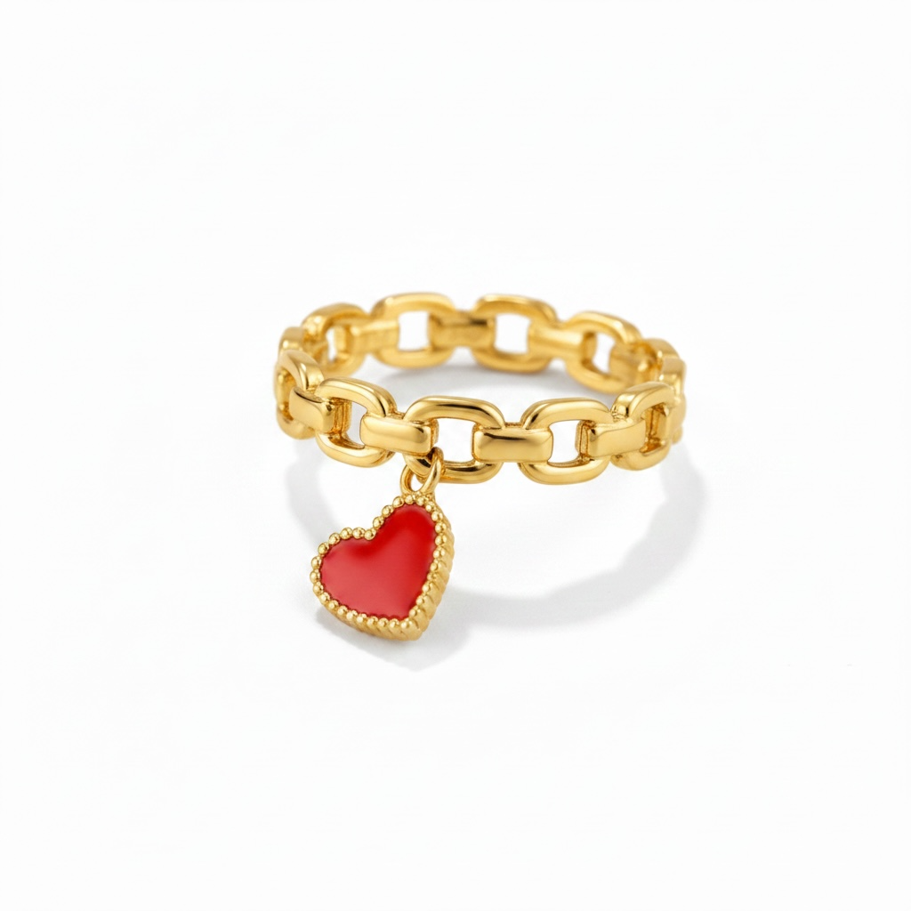 Gold chain statement ring with dangling red heart charm – Weekendplans