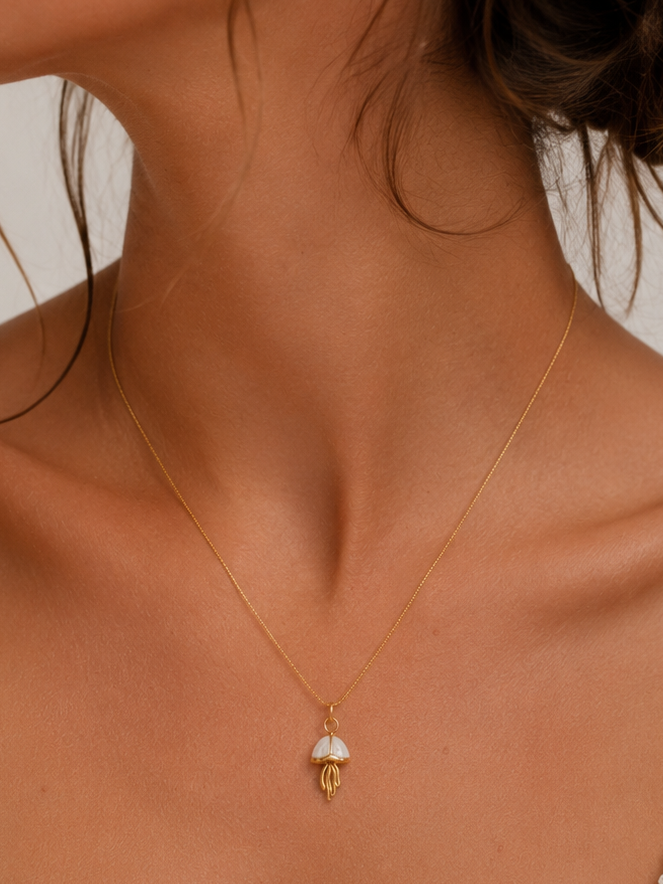 Jelly Babe dainty gold jellyfish pendant necklace worn