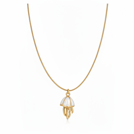Jelly Babe gold jellyfish pendant necklace with white shell detail