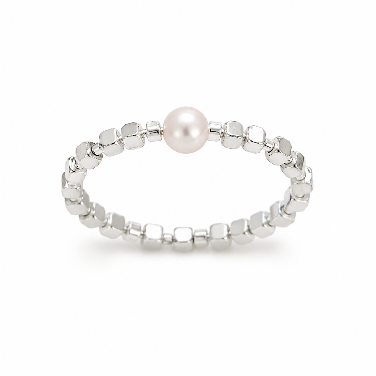 Joanna silver beaded ring with single pearl detail