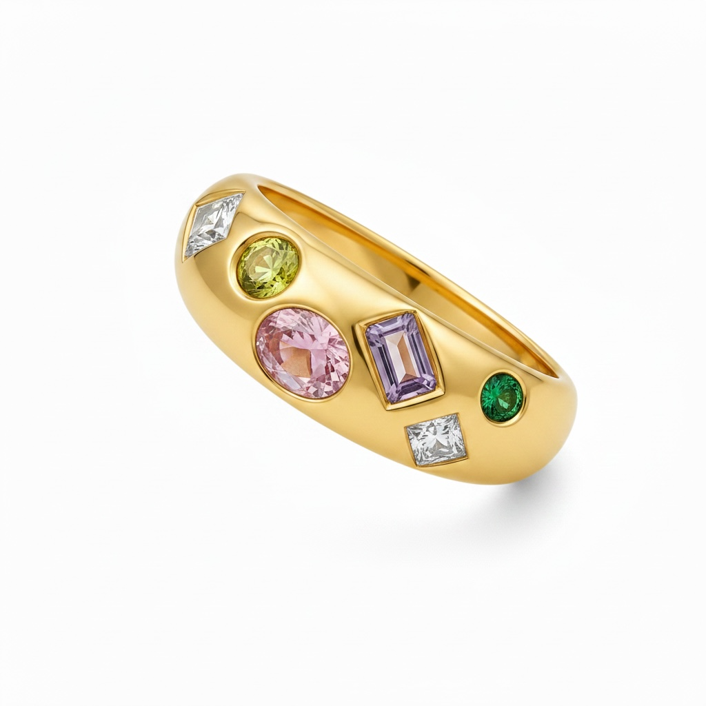 Out Out chunky gold ring with multicoloured stone details