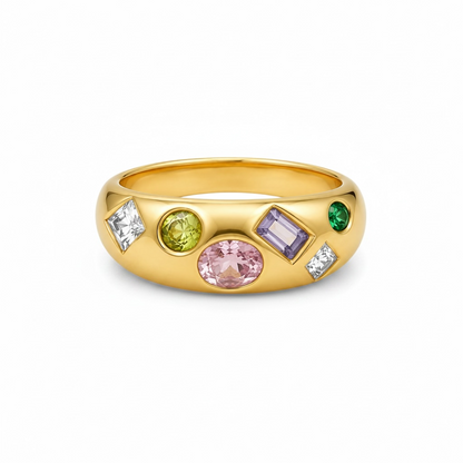 Out Out gold ring with colourful multicoloured gemstone details