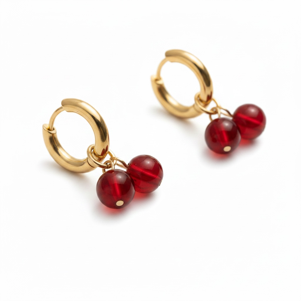 Red beaded cherry charm earrings with gold huggie hoops