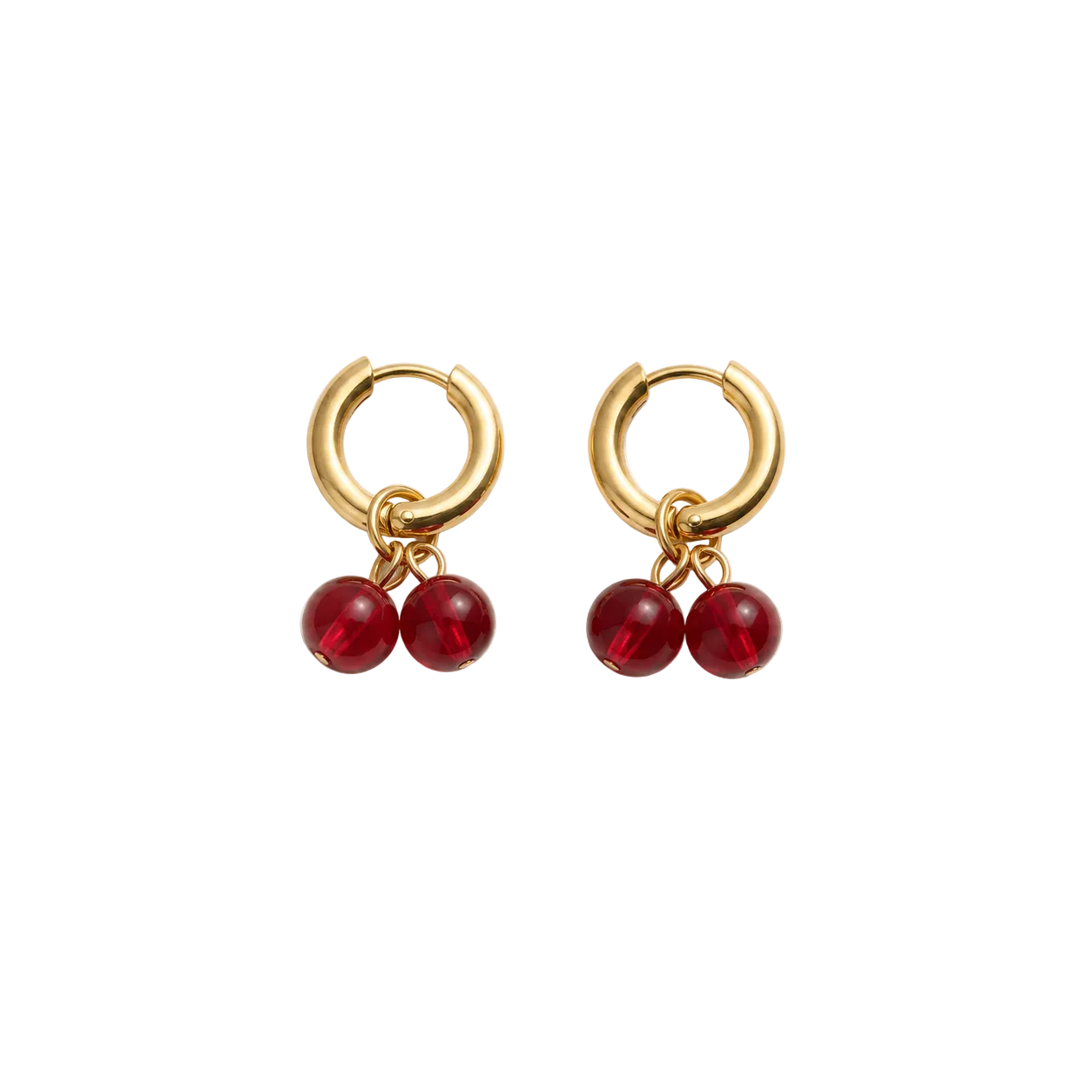 Gold hoop earrings with red cherry bead charms by Weekendplans