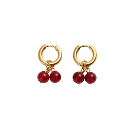 Gold hoop earrings with red cherry bead charms by Weekendplans