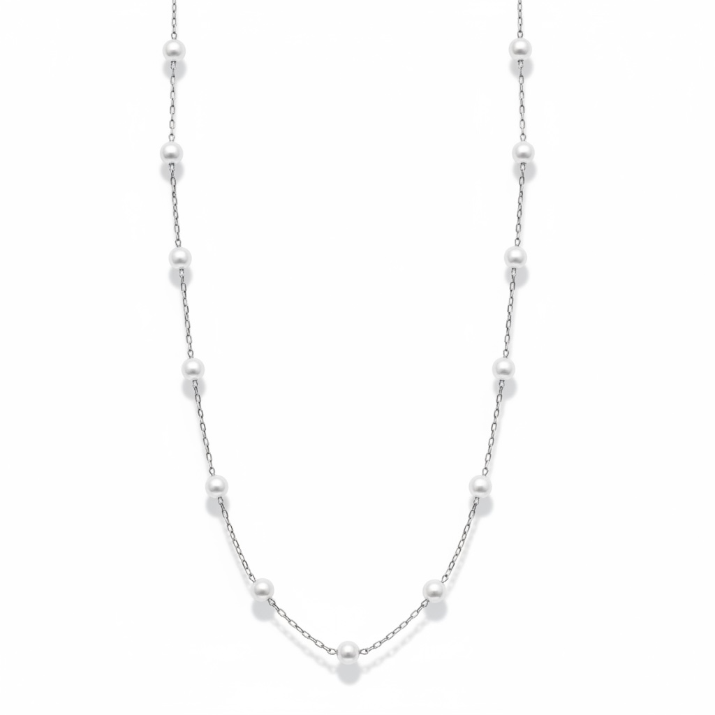 Silver pearl station necklace with delicate chain and evenly spaced pearls – Weekendplans