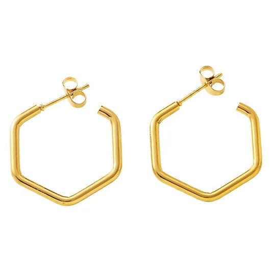 weekendplans Sol Hoops featuring a geometric hexagonal design in polished 18k gold electroplated stainless steel